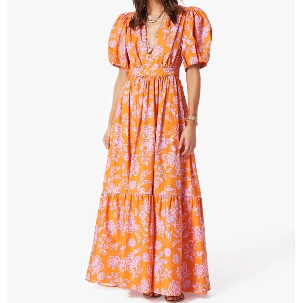 Xirena Larkyn Dress Maxi Orange Floral Tiered Puff Sleeve Medium